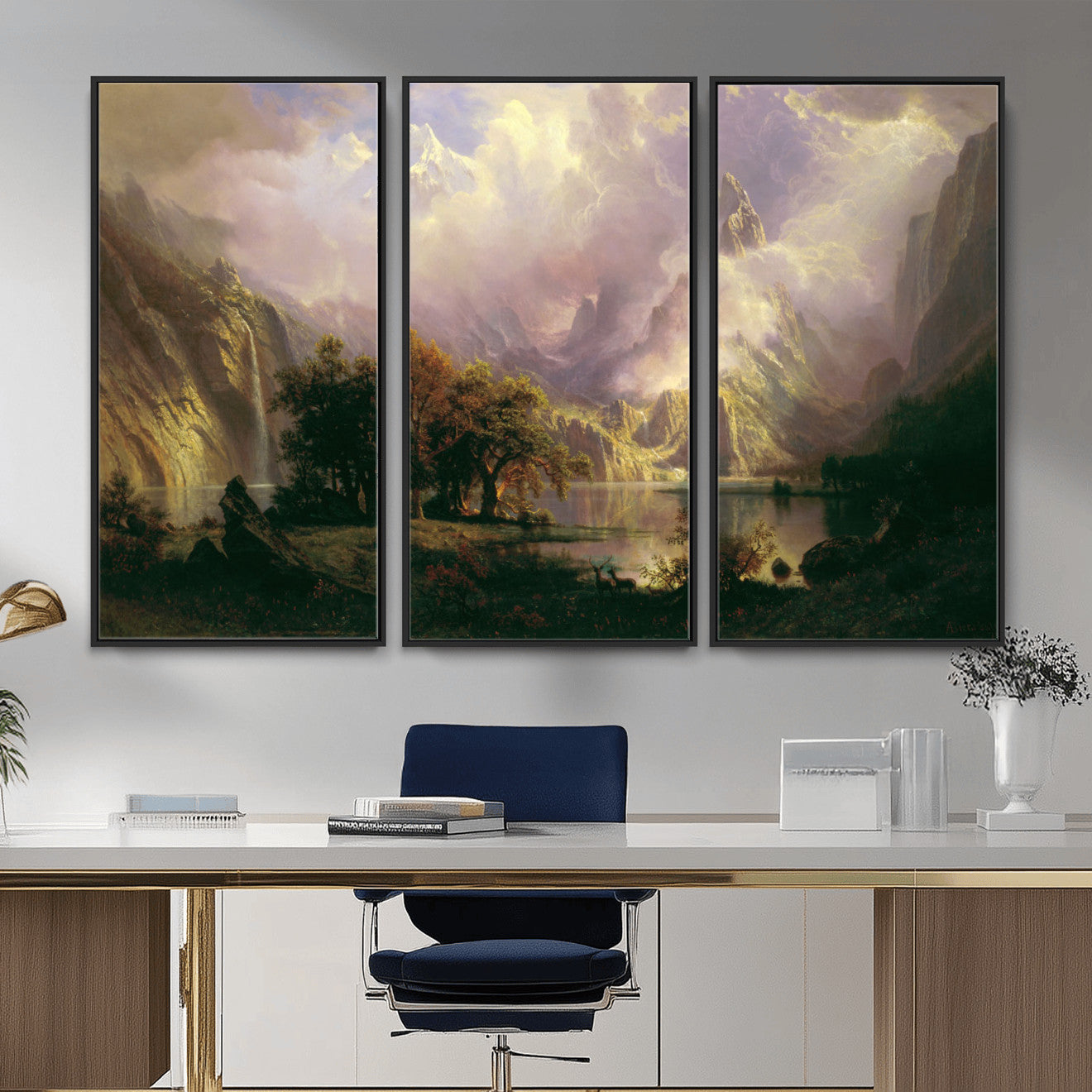 49189463-MGV-CV-36X24 - Albert Bierstadt Rocky Mountain Landscape Wall Art Canvas Print, Classic Fine Art Painting Print