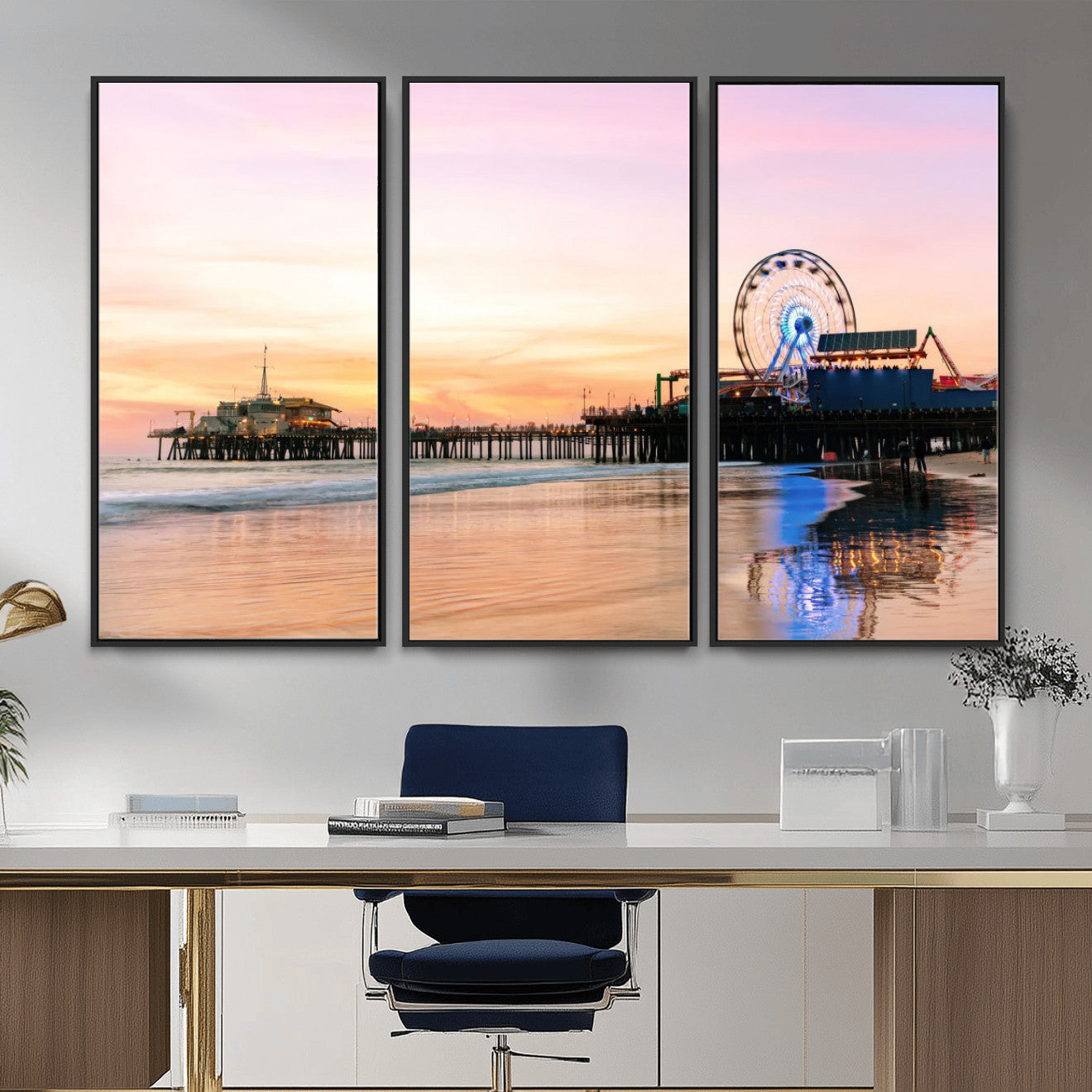 27381272-MGV-CV-36X24 - Santa Monica Pier Sunset Beach Wall Art Canvas Print, California Ferris Wheel Photo Print