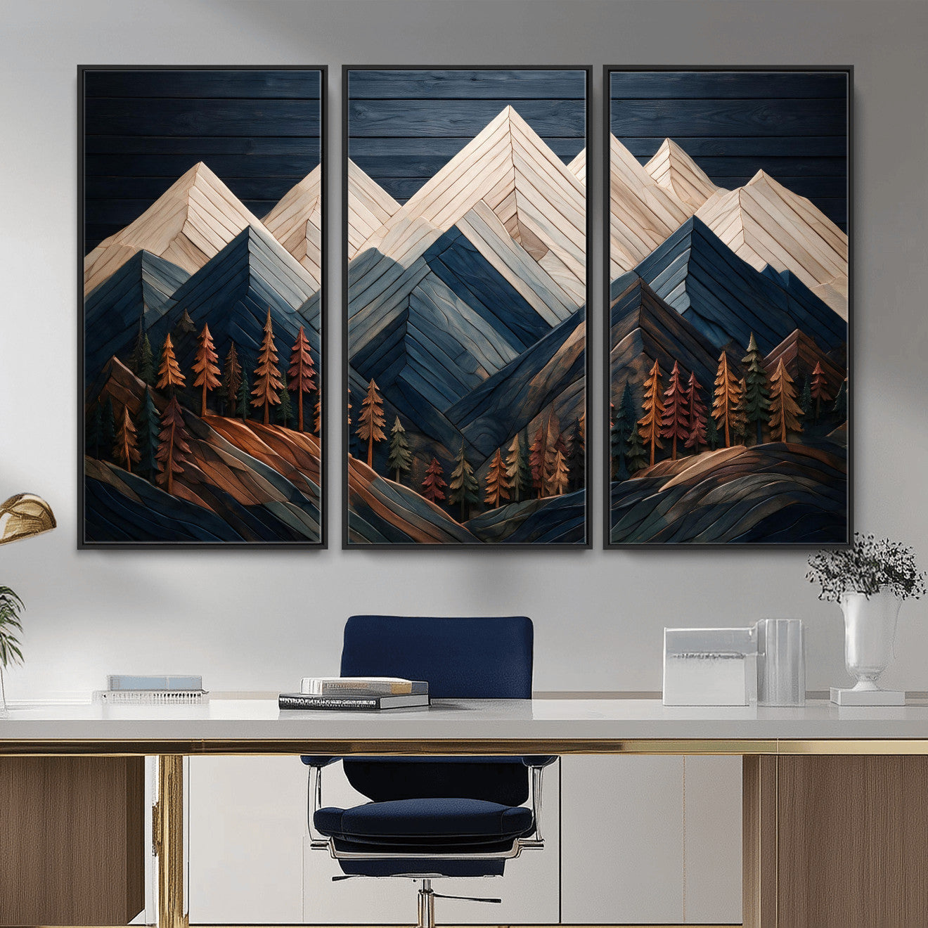 87765072-MGV-CV-36X24 - Geometric Wood Mountain Wall Art Canvas Print, 3D Look Rustic Mosaic Landscape Print