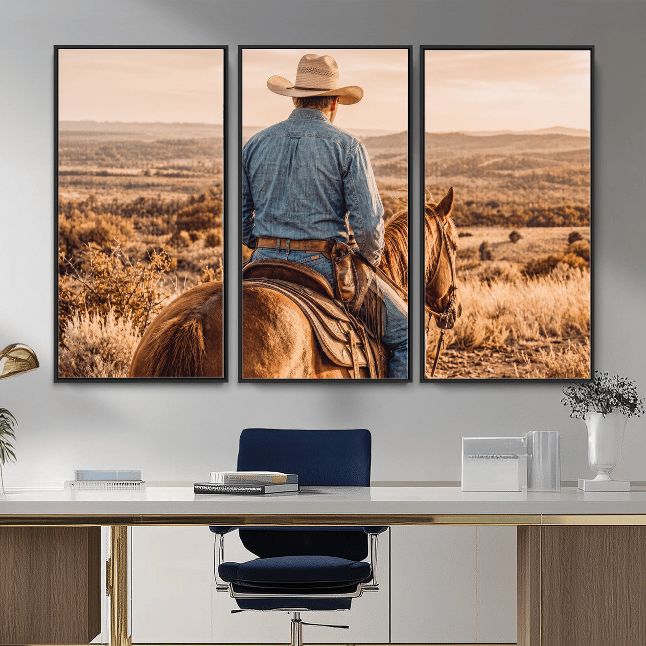 62076449-MGV-CV-36X24 - Texas Cowboy and Horse Print for Western Wall Art Decor for Farmhouse
