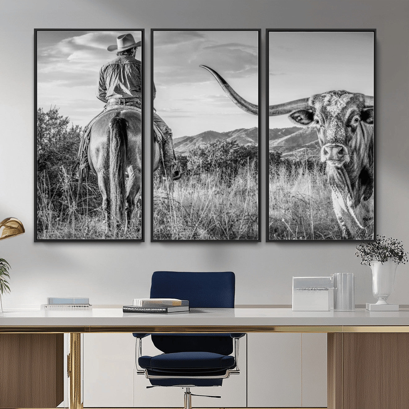 62076449WB-MGV-CV-36X24 - Texas Cowboy and Longhorn Bull Print for Western Wall Art Decor for Farmhouse