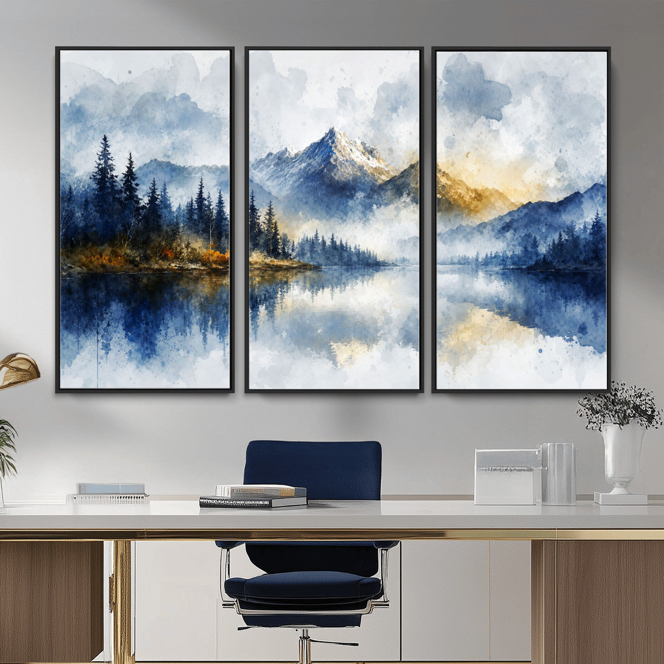 62076449DG-MGV-CV-36X24 - Abstract Watercolor Mountain Lake Wall Art Print for Living Room Decor