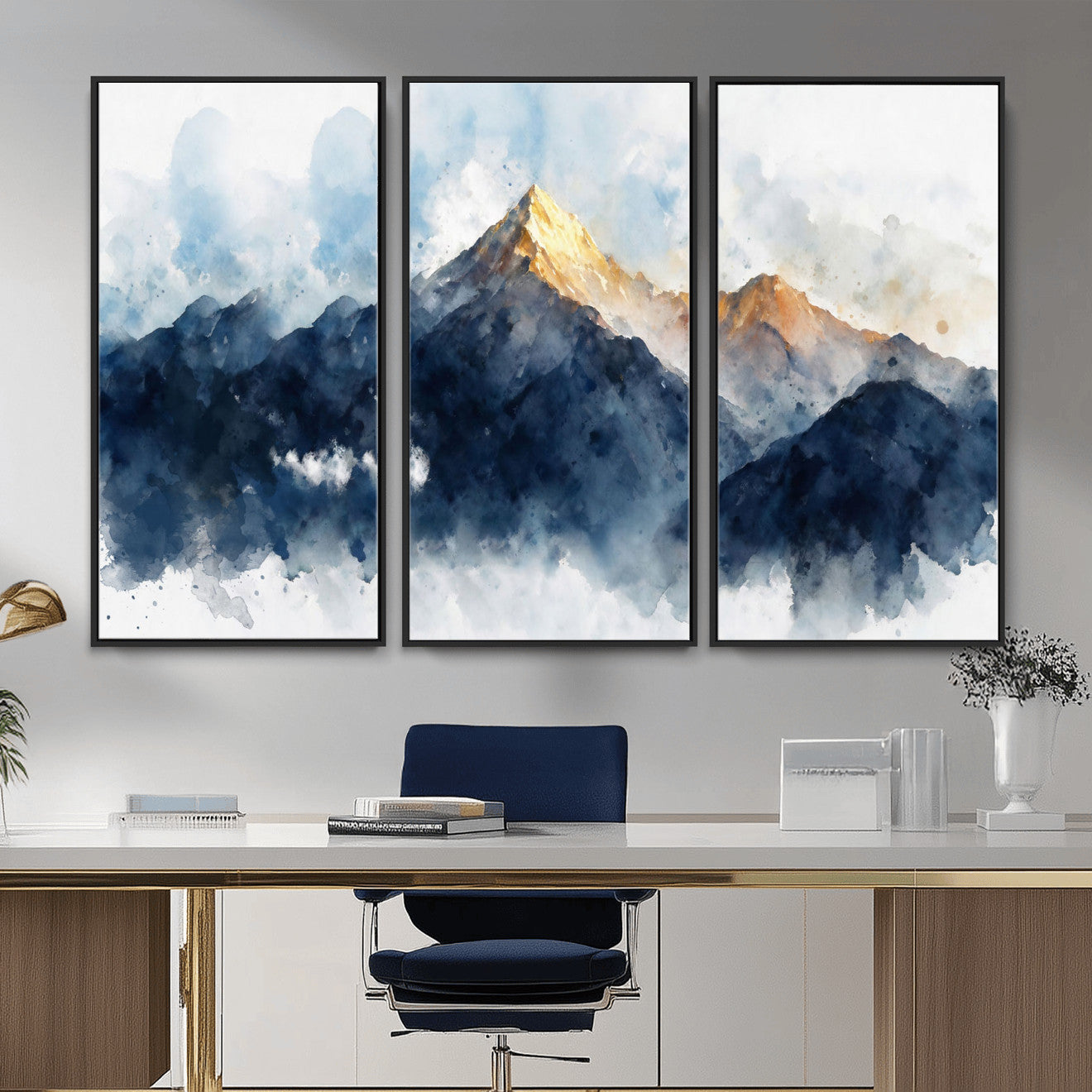 62076449DG1-MGV-CV-36X24 - Abstract Watercolor Mountain Lake Wall Art Print for Living Room Decor