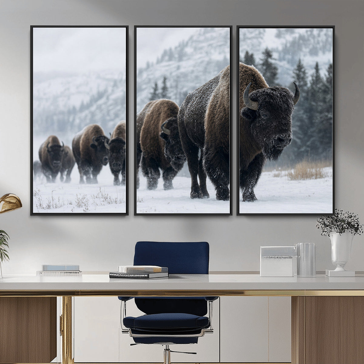 18343289-MGV-CV-36X24 - Rustic Bison Wall Art, American Buffalo Photo Print, Wildlife Canvas Artwork, Snowy Mountain Decor, Large Nature Poster, Cabin Gift Idea