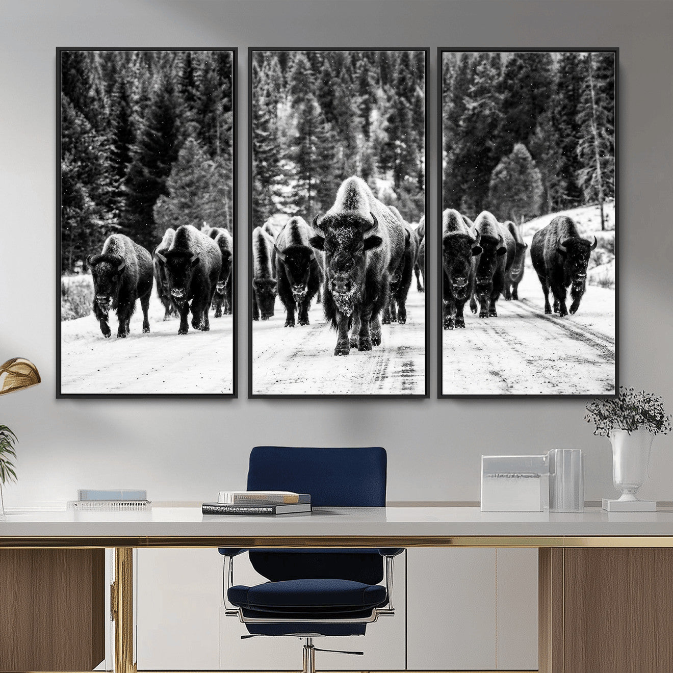 79337077-MGV-CV-36X24 - Black and White Bison Canvas Art, American Buffalo Print, Winter Wildlife Photography, Rustic Forest Wall Decor, Large Statement Nature Gift
