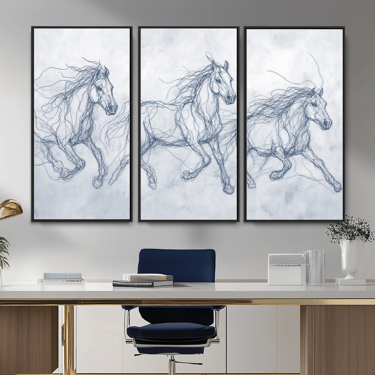 41163601-MGV-CV-36X24 - Indigo Blue Horse Line Art Canvas, Steel Grey Wild Horses Print, Abstract Navy Scribble Artwork, Modern Slate Equine Wall Decor, Coastal Ranch Gift