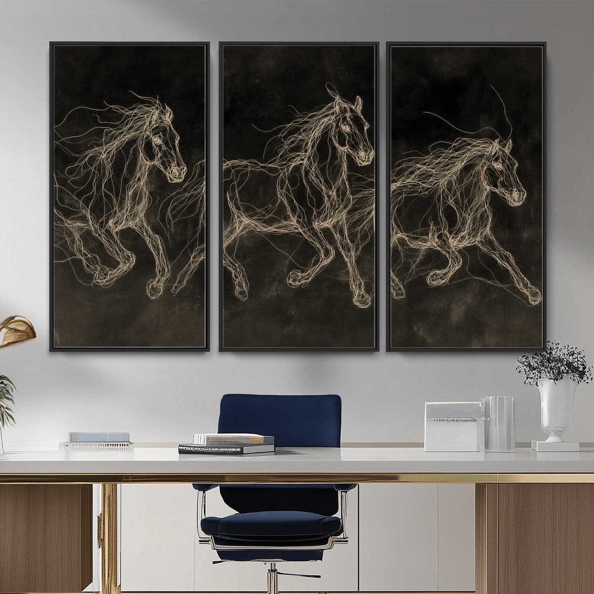 15344242-MGV-CV-36X24 - Dark Horse Line Art Canvas, Gold Scribble Wild Horses Print, Black Chalkboard Wall Art, Modern Luxury Equine Decor, Masculine Office Gift