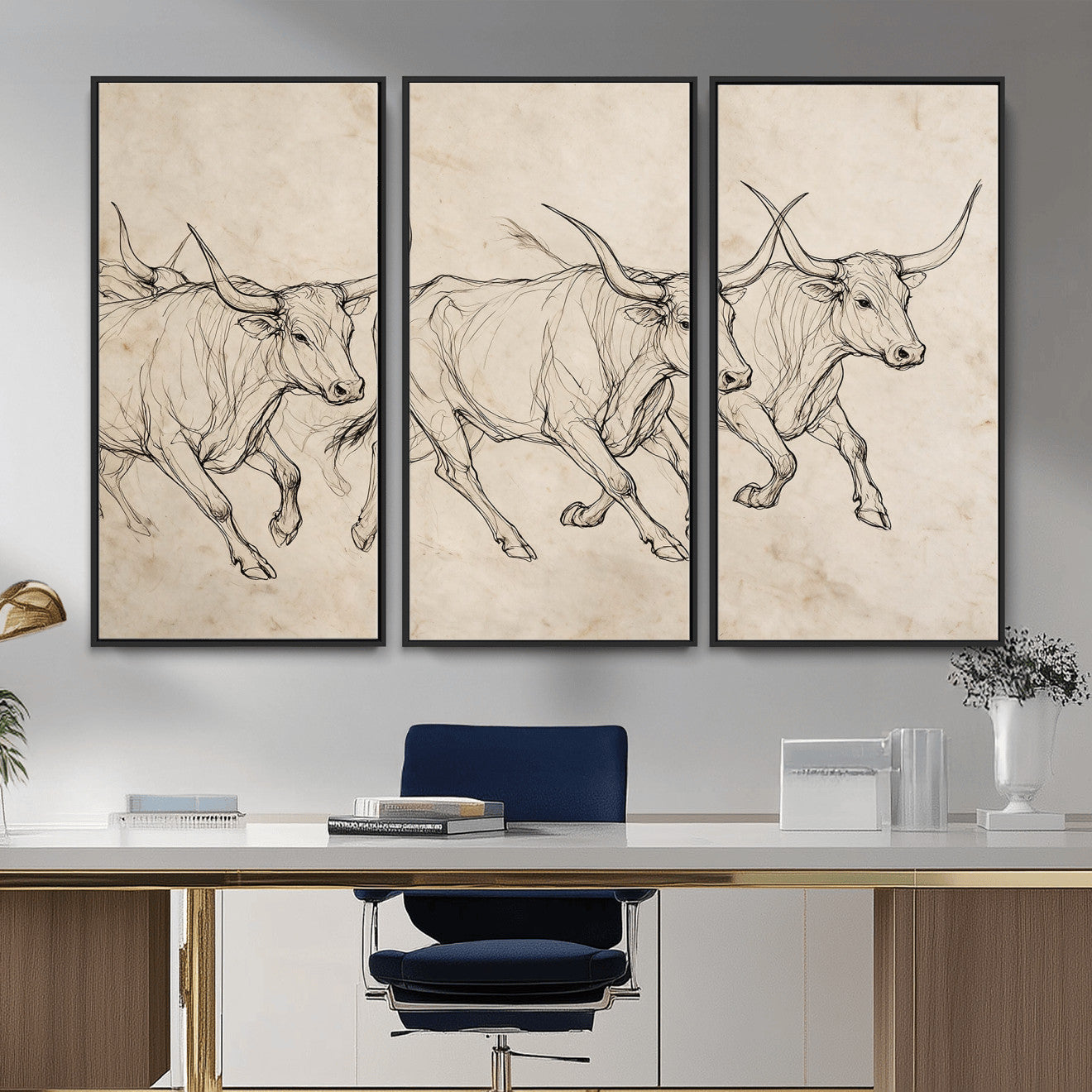 87177621-MGV-CV-36X24 - Minimalist Longhorn Line Art, Modern Texas Bull Canvas Print, Abstract Western Wall Decor, Continuous Line Artwork, Black White Ranch Gift