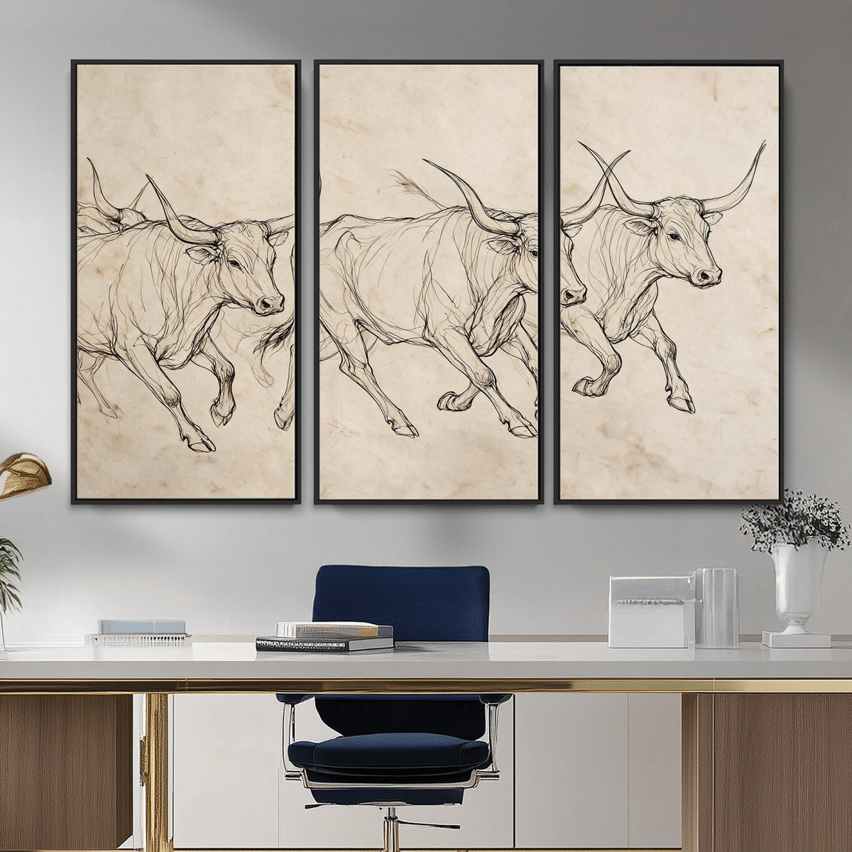 87177621-MGV-CV-36X24 - Minimalist Longhorn Line Art, Modern Texas Bull Canvas Print, Abstract Western Wall Decor