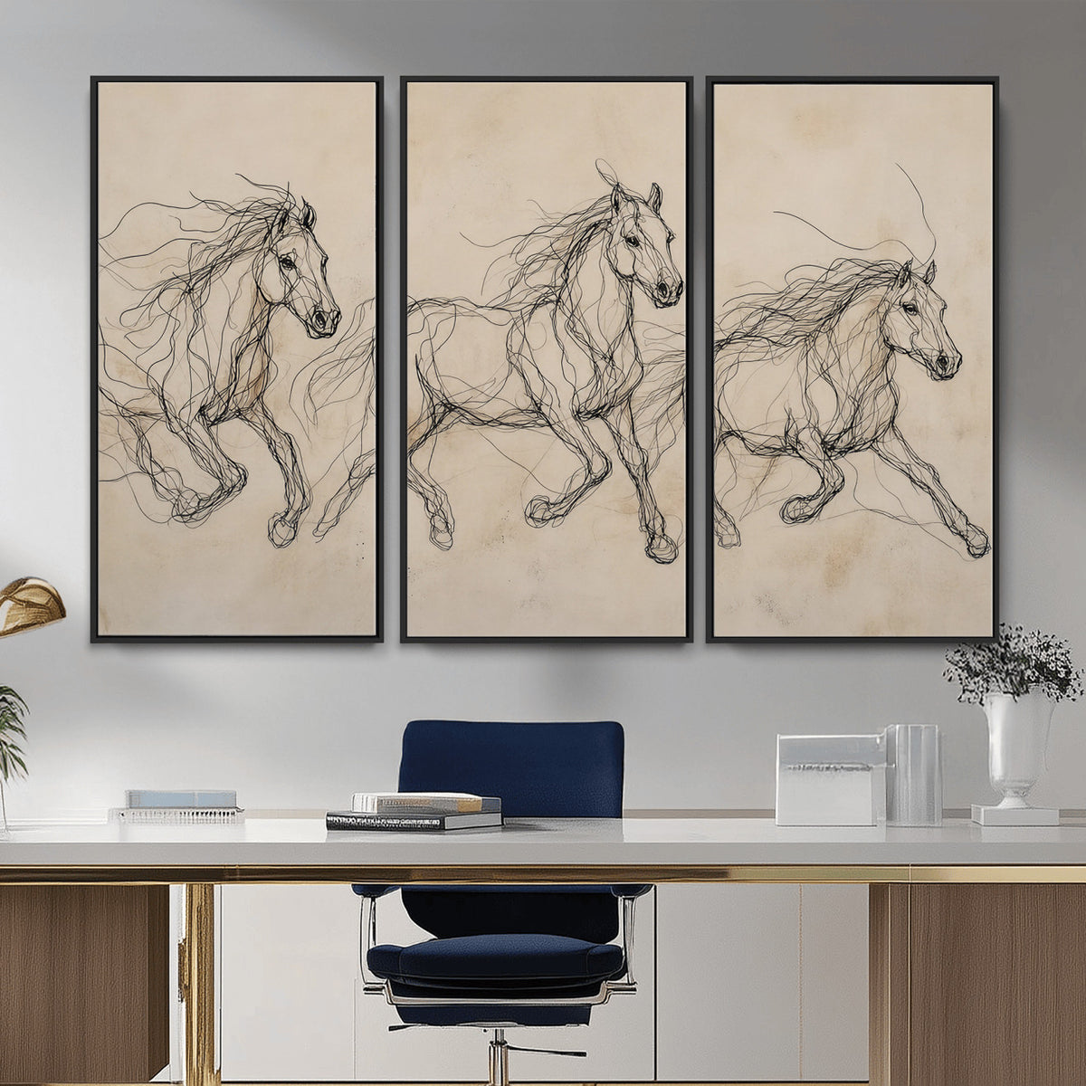 81051673-MGV-CV-36X24 - Abstract Horse Line Art Canvas, Gesture Sketch Wild Horses Print, Modern Scribble Artwork, Minimalist Equine Wall Decor, Rustic Studio Gift