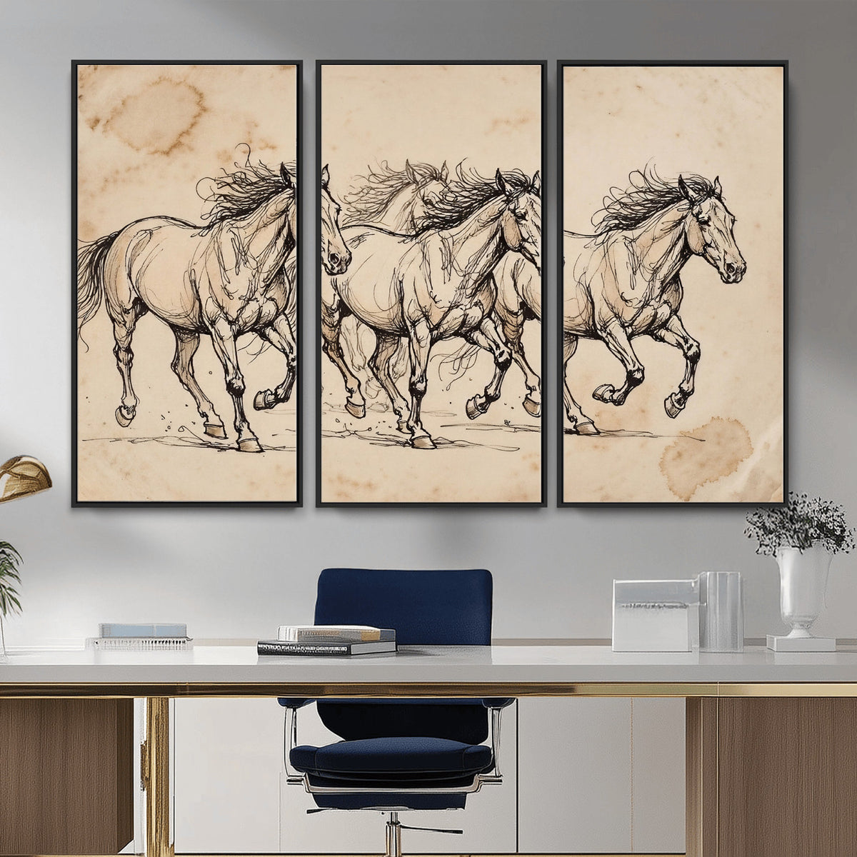 18242163-MGV-CV-36X24 - Vintage Horse Sketch Canvas Wall Art, Wild Horses Pencil Drawing Print, Antique Parchment Western Decor, Equine Sketching, Country Manor Gift