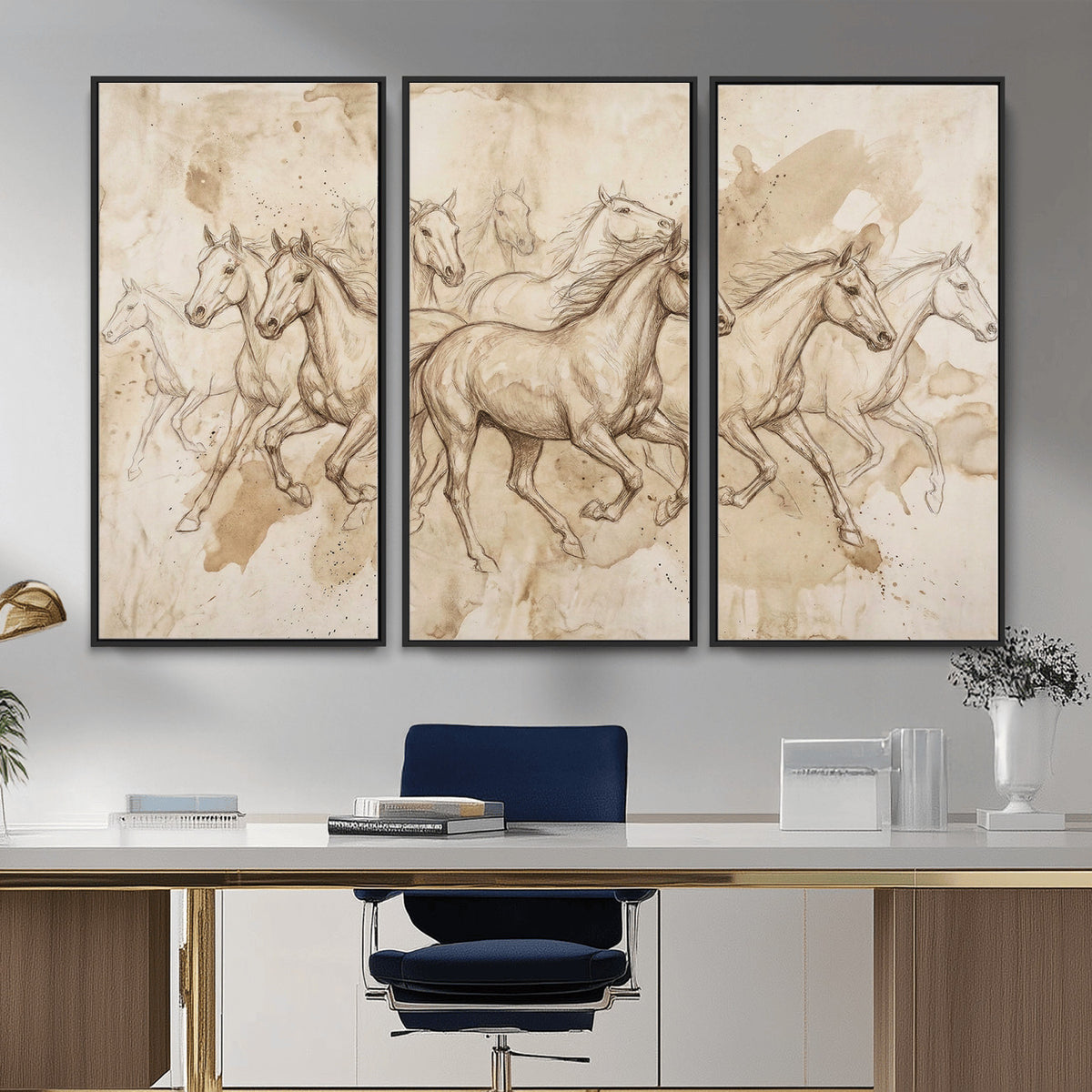 52233469-MGV-CV-36X24 - Vintage Horse Sketch Canvas Wall Art, Wild Horses Pencil Drawing Print, Antique Parchment Western Decor, Equine Sketching, Country Manor Gift