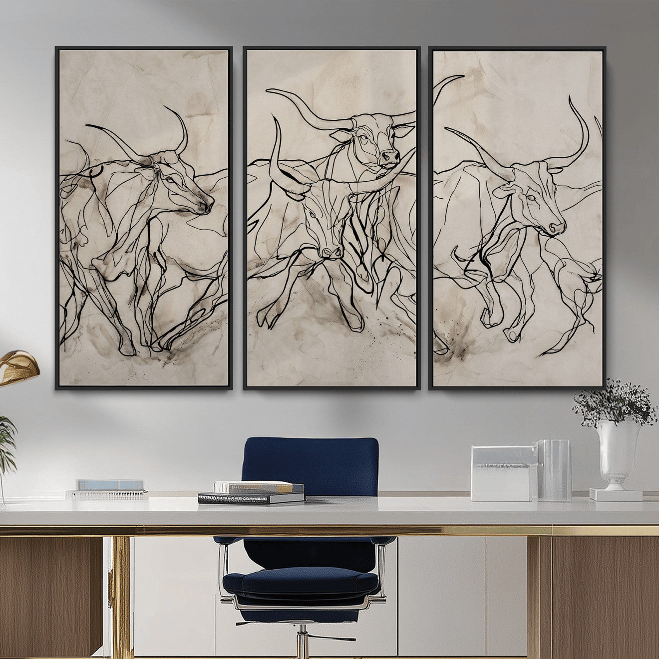 16671245-MGV-CV-36X24 - Minimalist Longhorn Line Art, Modern Texas Bull Canvas Print, Abstract Western Wall Decor, Continuous Line Artwork, Black White Ranch Gift