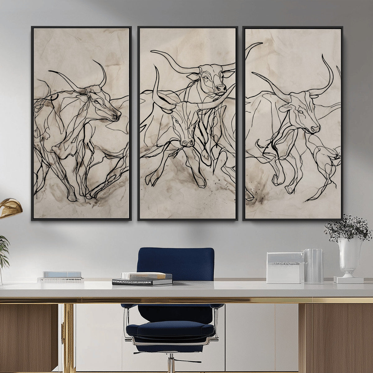 16671245-MGV-CV-36X24 - Minimalist Longhorn Line Art, Modern Texas Bull Canvas Print, Abstract Western Wall Decor