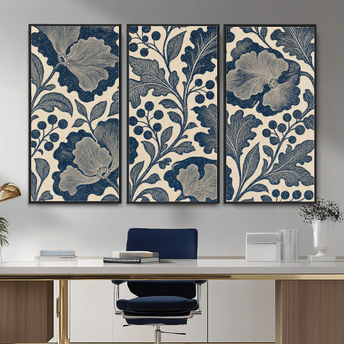 23824002-MGV-CV-36X24 - William Morris Style Navy Blue Floral Wall Art Canvas Print, Vintage Cream Botanical Painting Print