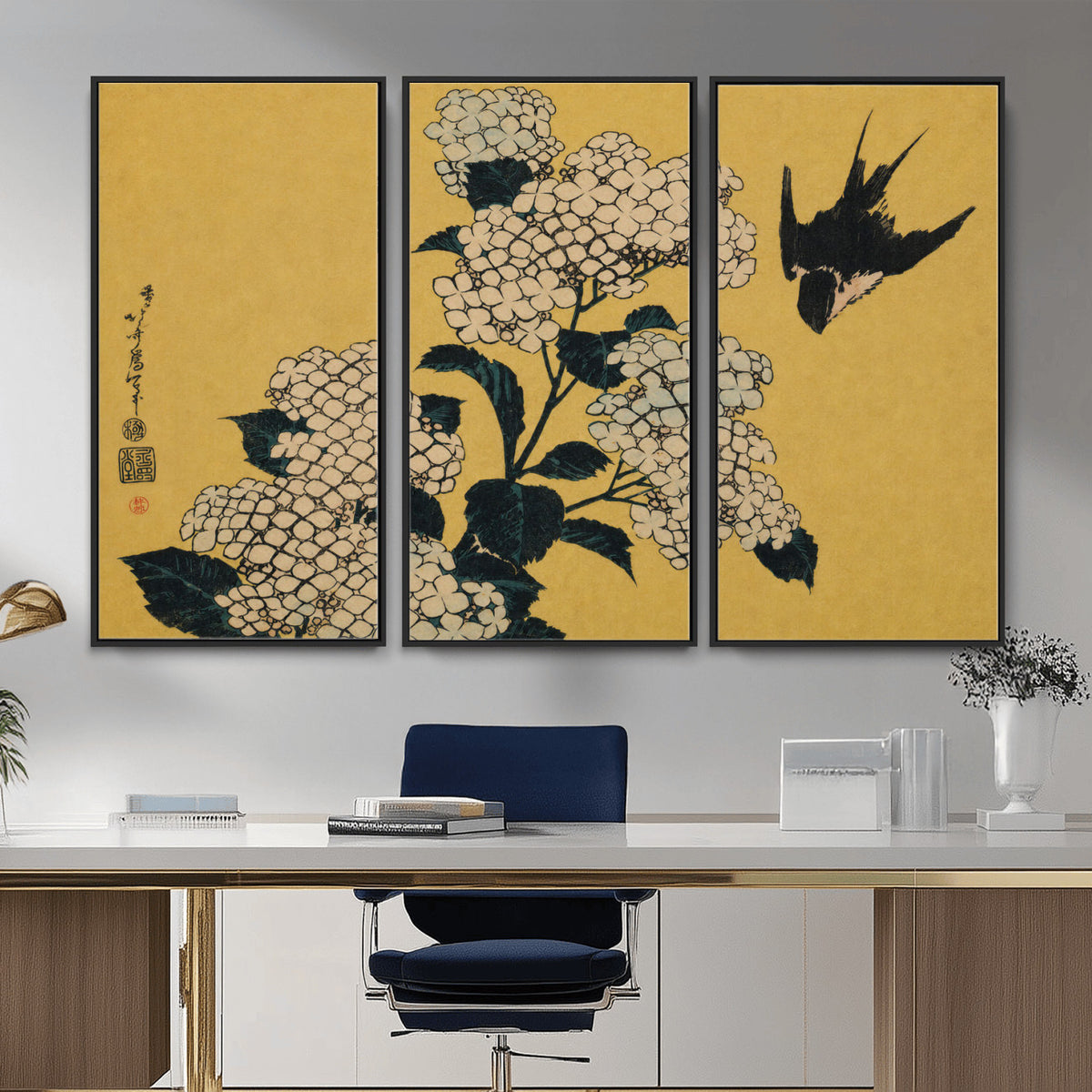 92483501-MGV-CV-36X24 - Katsushika Hokusai Hydrangea and Swallow Wall Art Canvas Print, Japanese Woodblock Painting Print