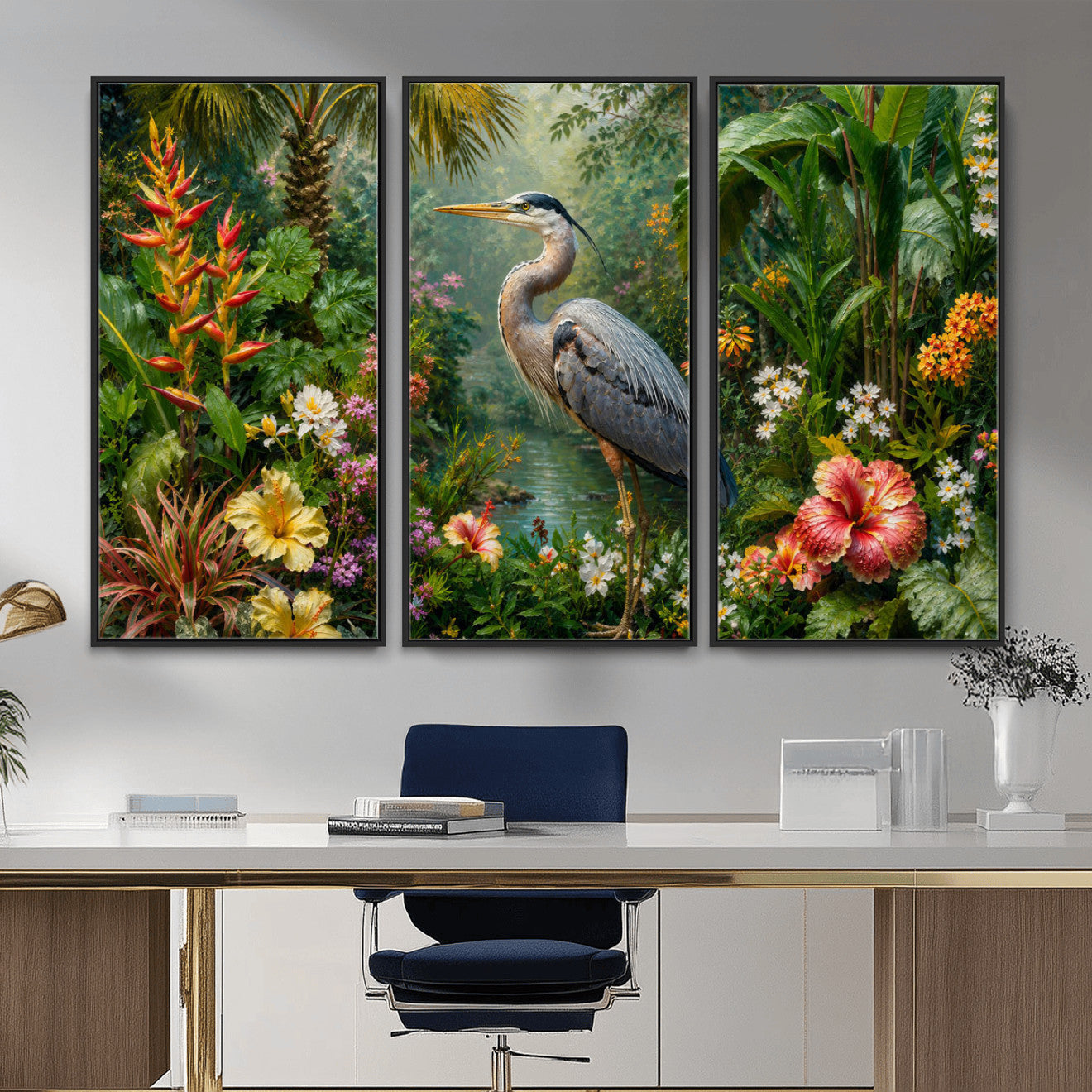 81059387-MGV-CV-36X24 - Great Blue Heron Tropical Jungle Wall Art Canvas Print, Exotic Botanical Garden Painting Print