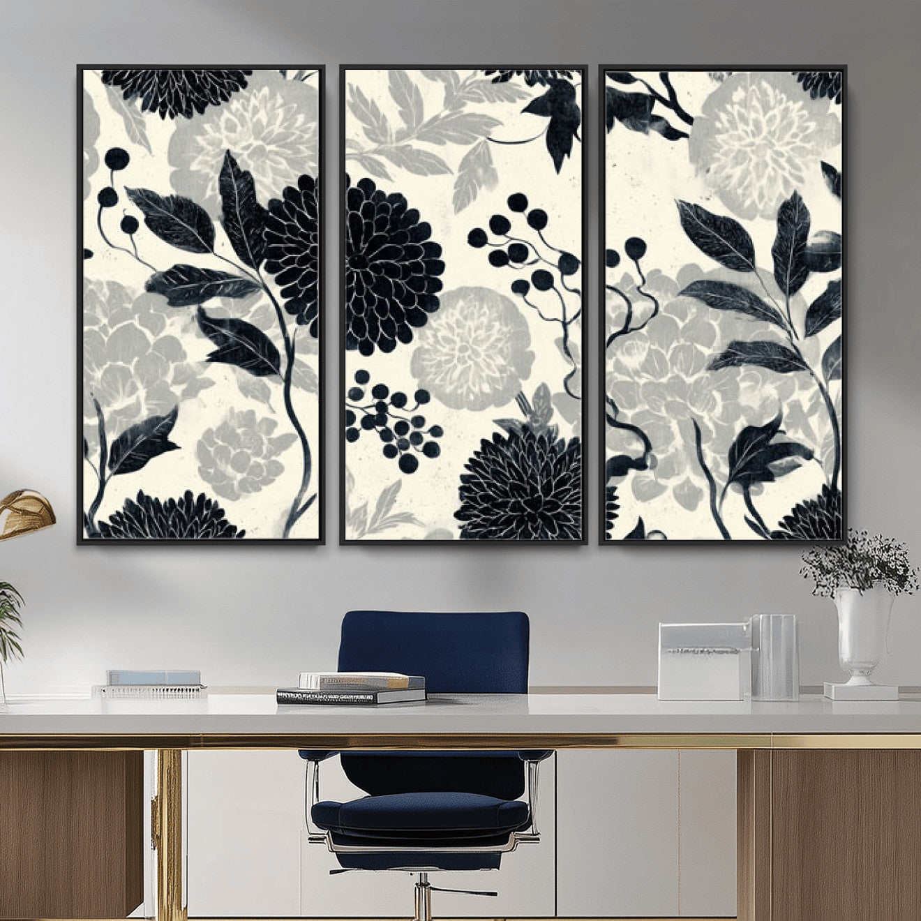 61524791-MGV-CV-36X24 - Vintage Black Chrysanthemum Wall Art Canvas Print, Monochrome Dhalia Floral Painting Print