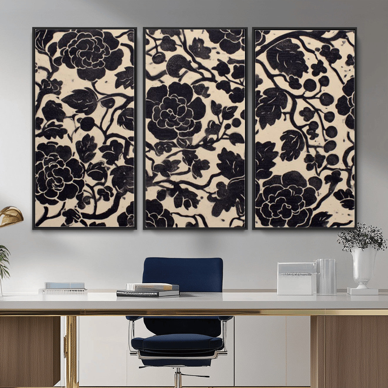 86696255-MGV-CV-36X24 - Vintage Black and Cream Floral Wall Art Canvas Print, Chinoiserie Botanical Painting Print