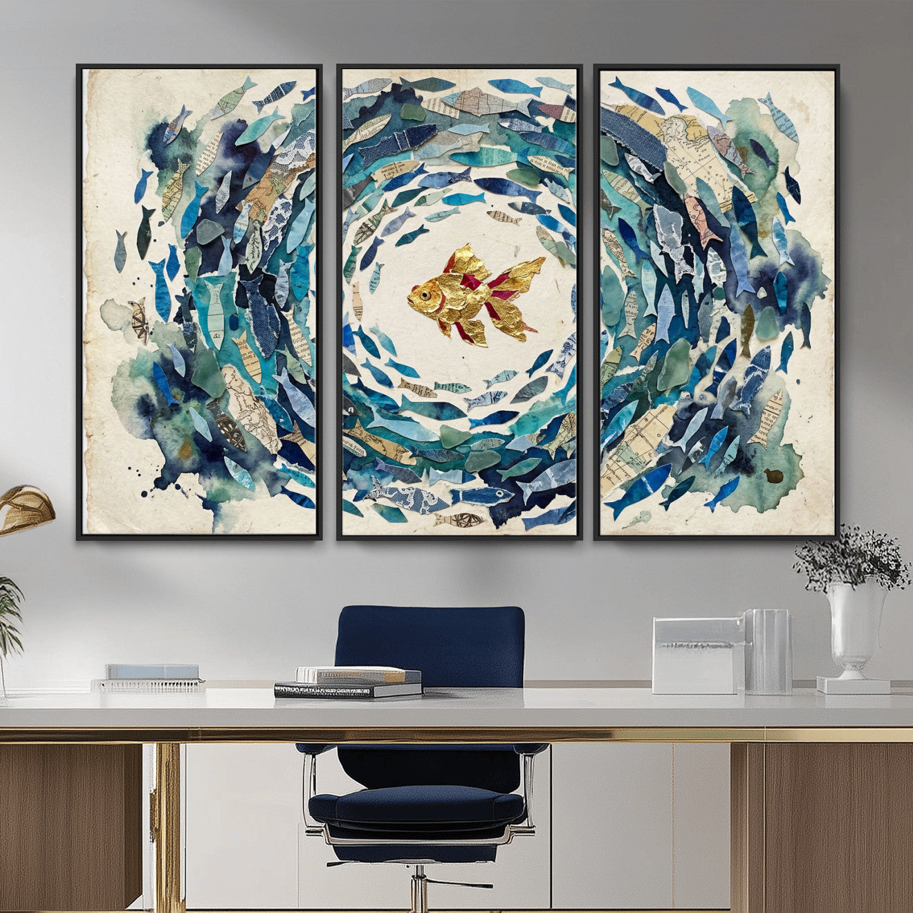 73165663-MGV-CV-36X24 - Mixed Media Blue Fish Swirl Canvas Wall Art, Goldfish Collage Ocean Print
