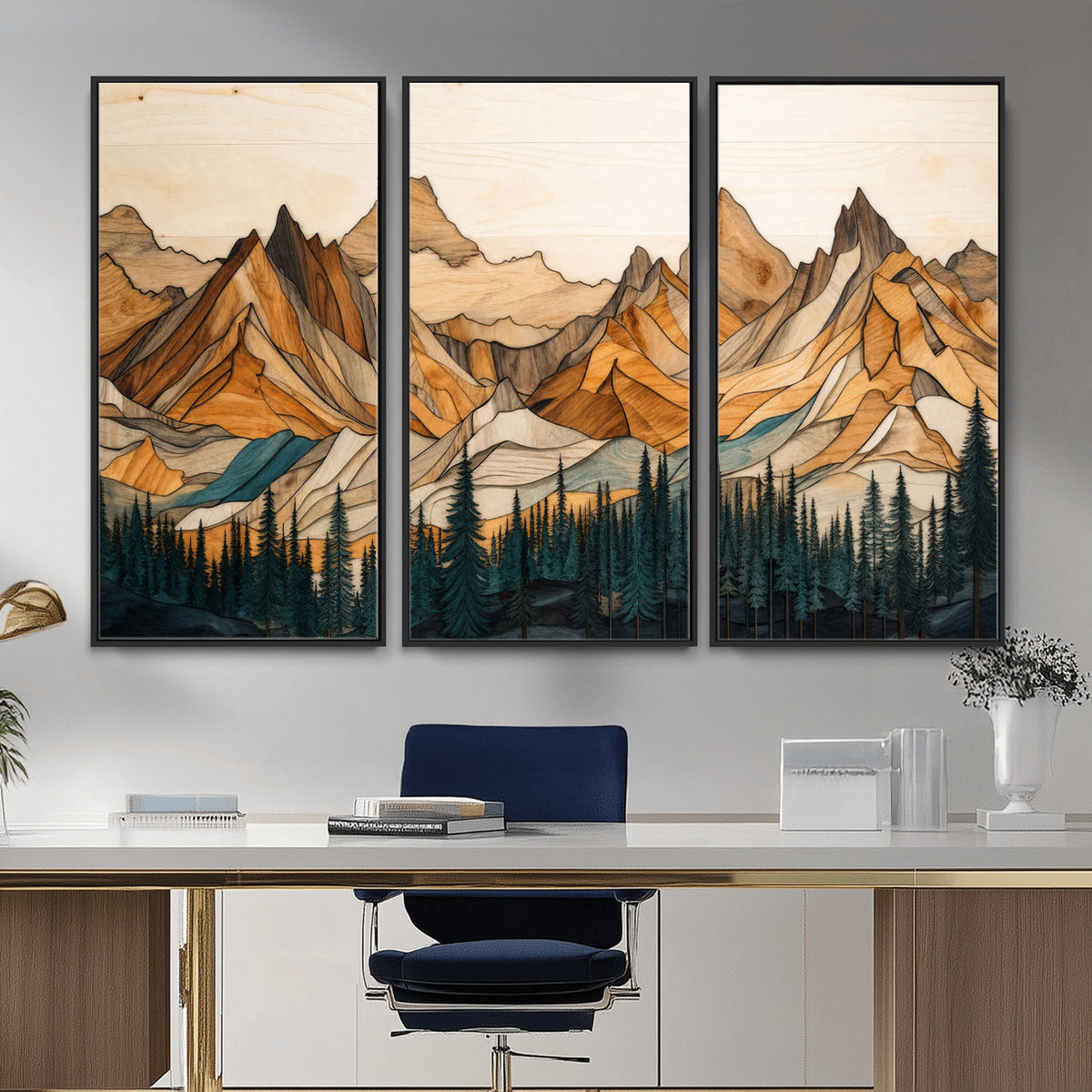 57384313-MGV-CV-48X32-3P - Mountain Landscape Canvas Wall Art with Wood Grain Effect, Golden Peaks and Teal Pine Forest, Framed Cabin Decor