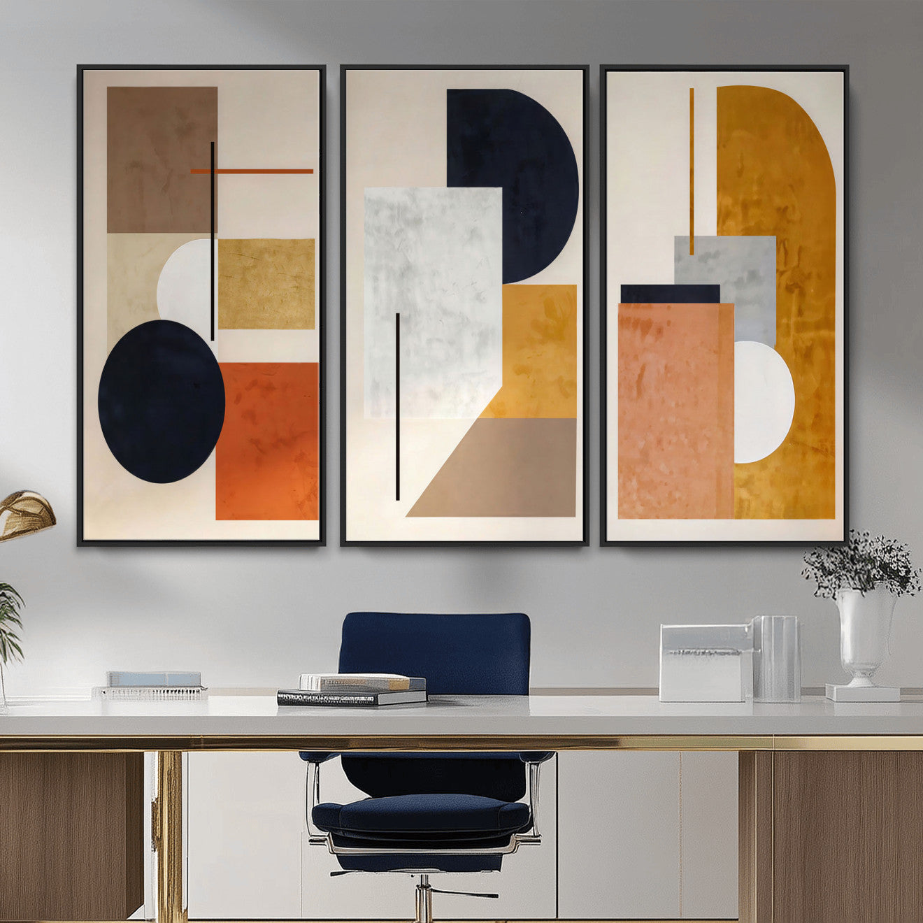 87361249-MGV-CV-48X32-3P - Mid Century Modern Geometric Canvas Wall Art, Abstract Triptych Print