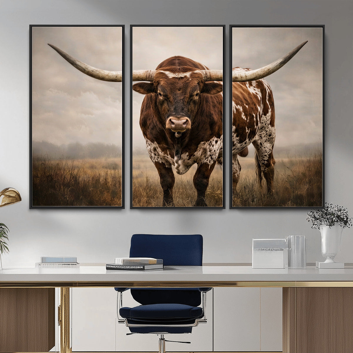 25239047A-MGV-CV-36X24 - Texas Longhorn Canvas Wall Art Western Bull Desert Moody Grey Overcast Rustic Farmhouse Framed Large for Living Room Bedroom Office Decor