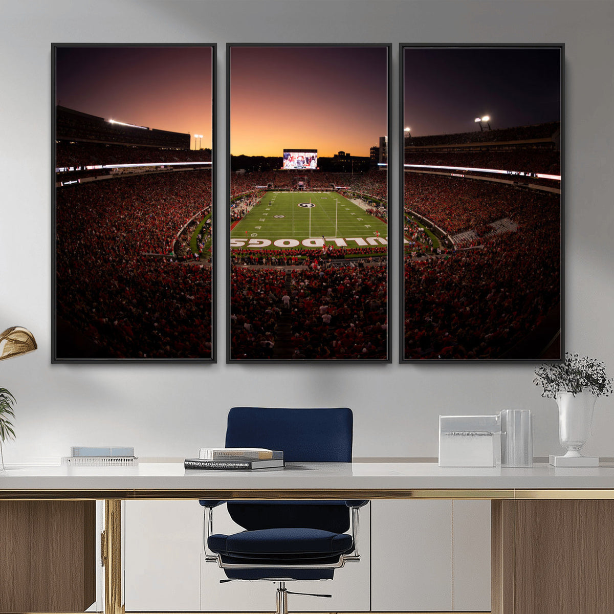 97720998-_Poster-30x20 - Georgia Bulldogs Stadium Sunset Canvas Print 3 Piece Framed Wall Art Extra Large Floating Frame Sports Poster Made in USA