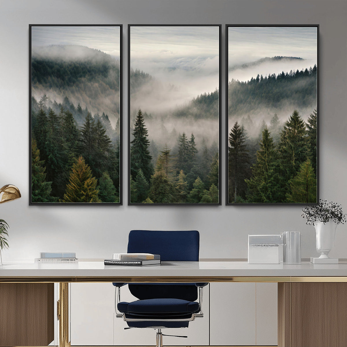 38409495-_Poster-30x20 - Misty Pine Valley Mountain Canvas Print 3 Piece Framed Wall Art Extra Large Floating Frame Nature Poster Made in USA