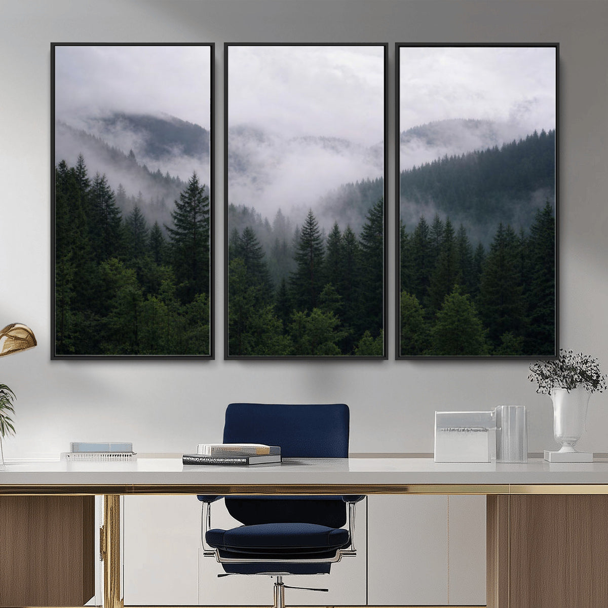 25432119-_Poster-30x20 - Misty Mountain Pine Forest Canvas Print 3 Piece Framed Wall Art Extra Large Floating Frame Nature Poster Made in USA