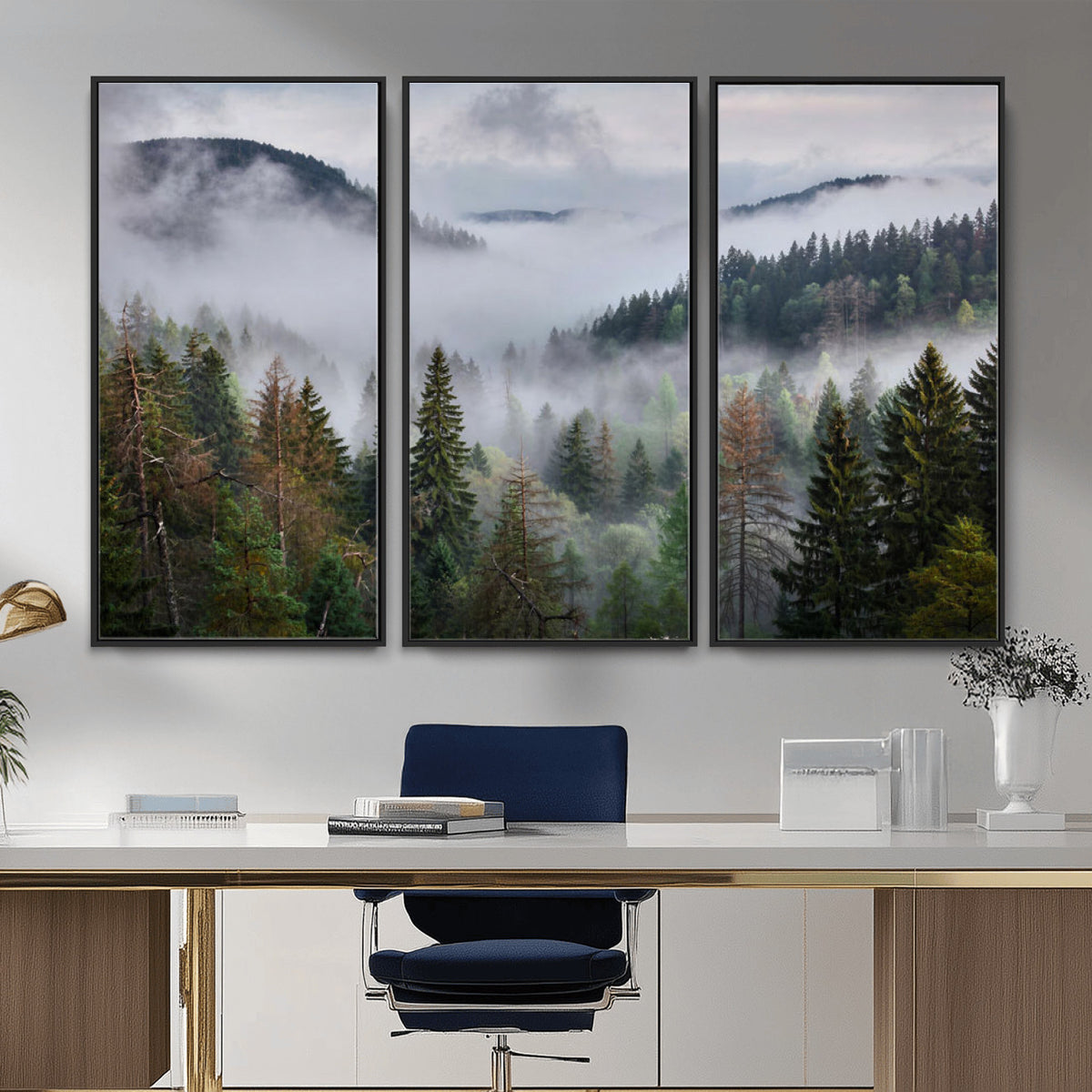 18735847-_Poster-30x20 - Foggy Pine Forest Mountain Canvas Print 3 Piece Framed Wall Art Extra Large Floating Frame Nature Poster Made in USA