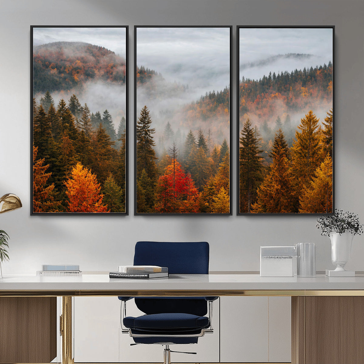 87481341-_Poster-30x20 - Foggy Autumn Mountain Canvas Print Smoky Pine Forest Wall Art Panoramic Nature Poster 3 Piece Made in USA