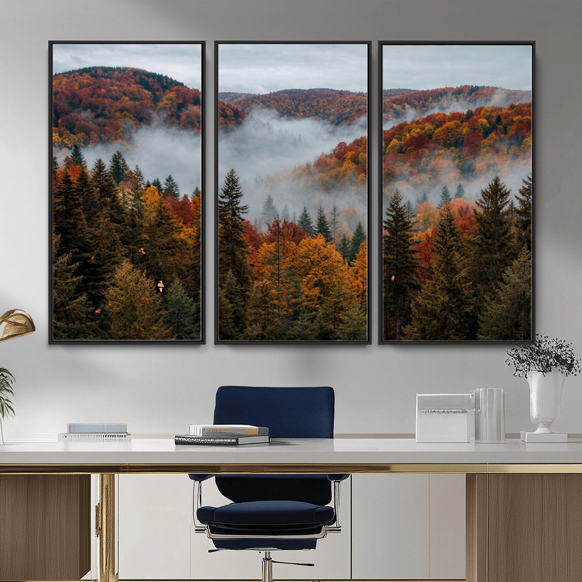 26686263-_Poster-30x20 - Misty Autumn Forest Mountain Canvas Print 3 Panel Wall Art Gallery Wrapped Floating Frame Poster Made in USA