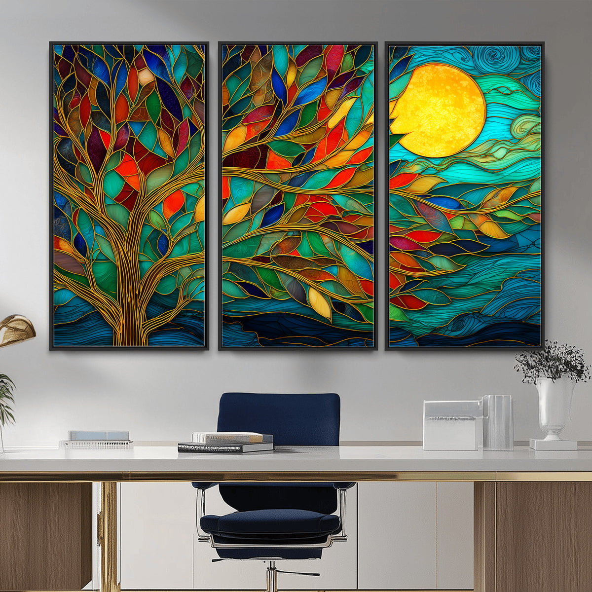 11877152-MGV-CV-36X24 - Stained Glass Tree Of Life Wall Art - Vibrant Mosaic Nature Home Decor