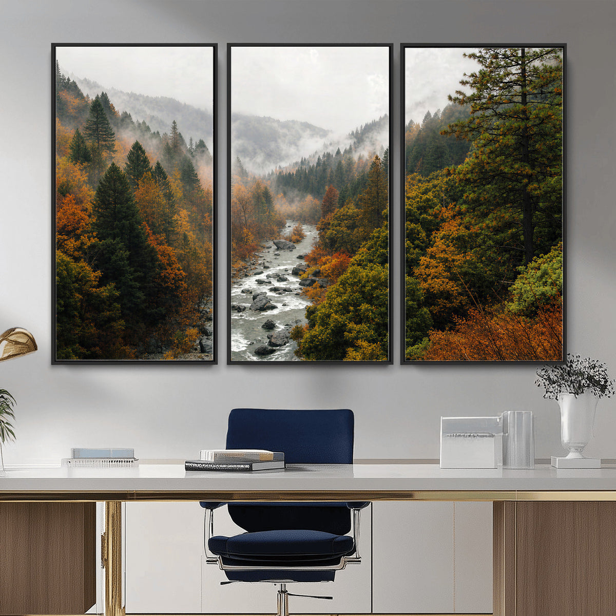 95540697-MGV-TP-30X20 - Misty River Mountain Valley Canvas Wall Art - Autumn Forest Landscape Nature Print