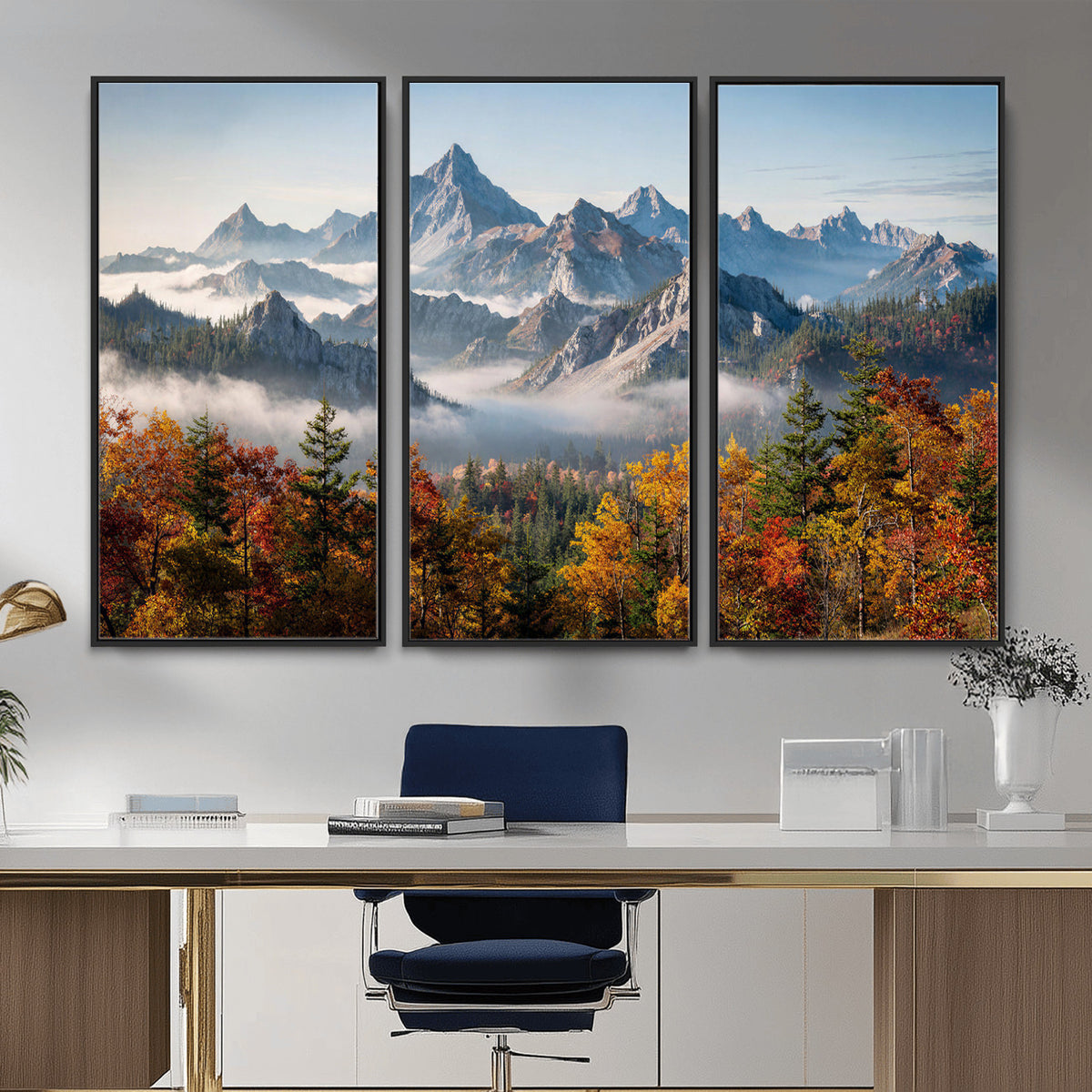 38847944-MGV-TP-30X20 - Majestic Mountain Peak Canvas Wall Art - Panoramic Autumn Forest Fog Landscape Print