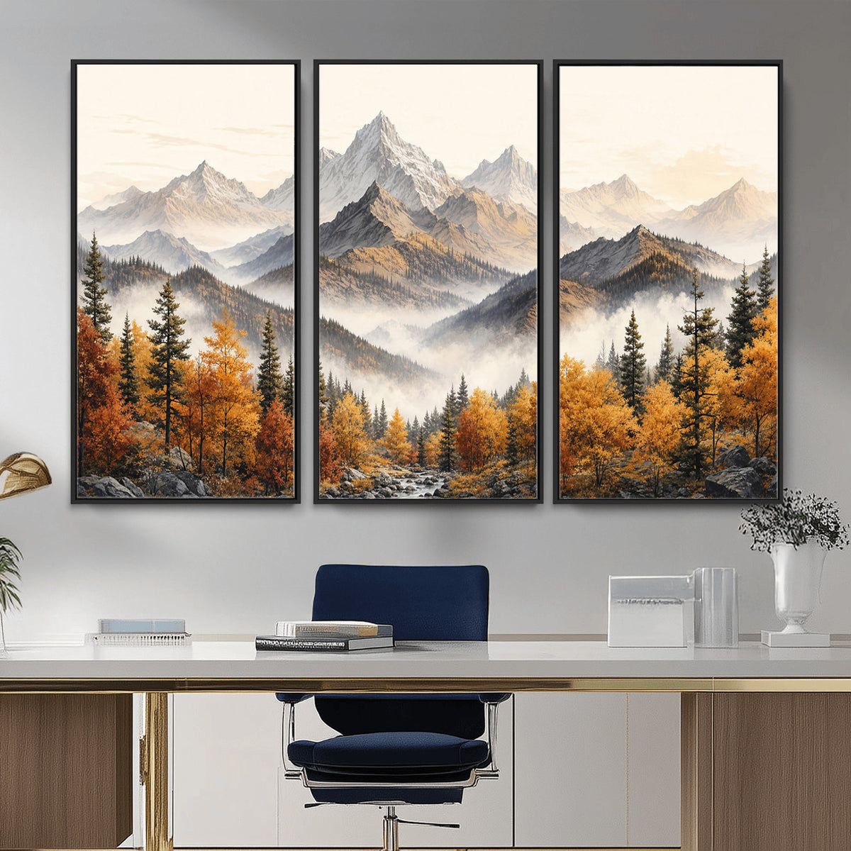 21309099-MGV-TP-30X20 - Extra Large Misty Mountain Autumn Forest Canvas Wall Art - Watercolor Fall Nature Landscape Print