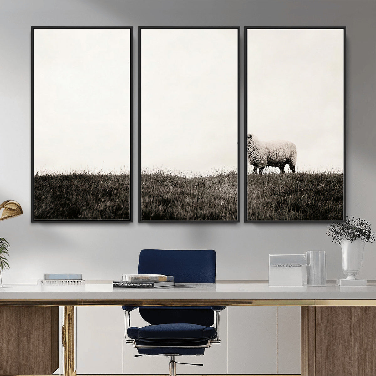 72749448-MGV-TP-30X20 - Minimalist Sepia Sheep Canvas Wall Art - Rustic Farmhouse Country Landscape Print