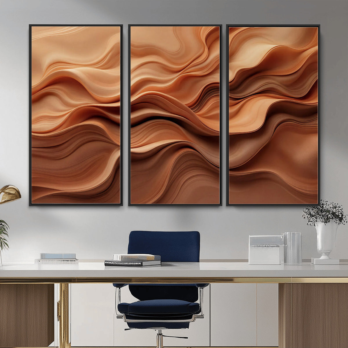 82230697-MGV-CV-36X24 - Modern Abstract Fluid Waves Canvas Wall Art - Minimalist Warm Terracotta Beige Sand Print