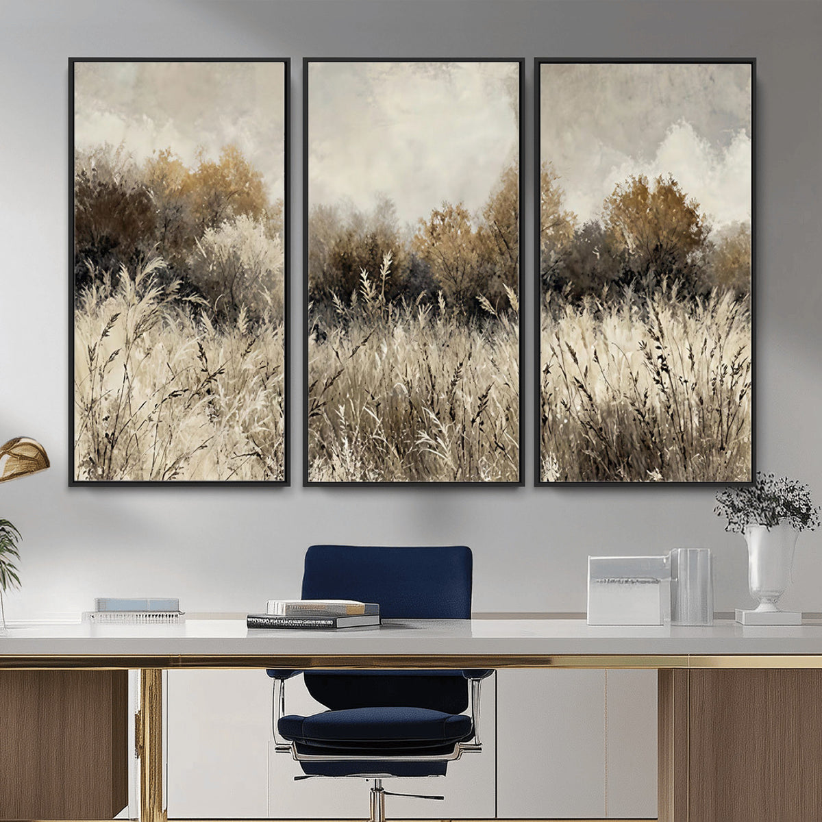 53959945-MGV-TP-30X20 - Muted Neutral Forest Landscape Canvas Wall Art - Vintage Rustic Wildflower Meadow Print