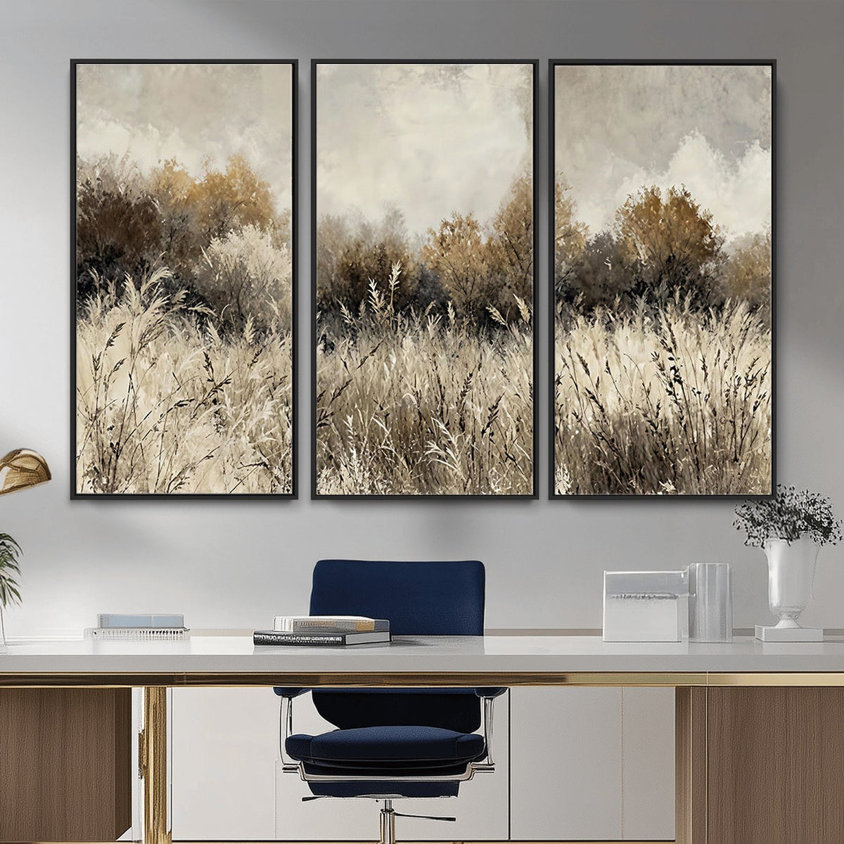 53959945-_Poster-30x20 - Muted Neutral Forest Landscape Canvas Wall Art - Vintage Rustic Wildflower Meadow Print