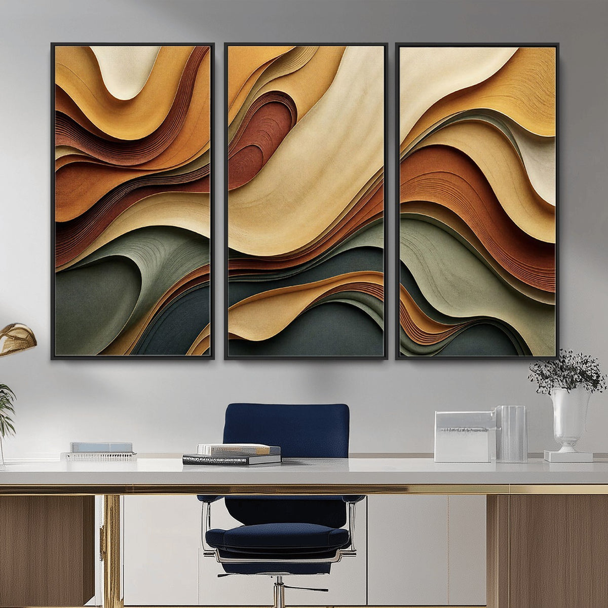 19337902-_Poster-30x20 - Modern Abstract Waves Canvas Wall Art - Minimalist Earthy Tone Living Room Decor