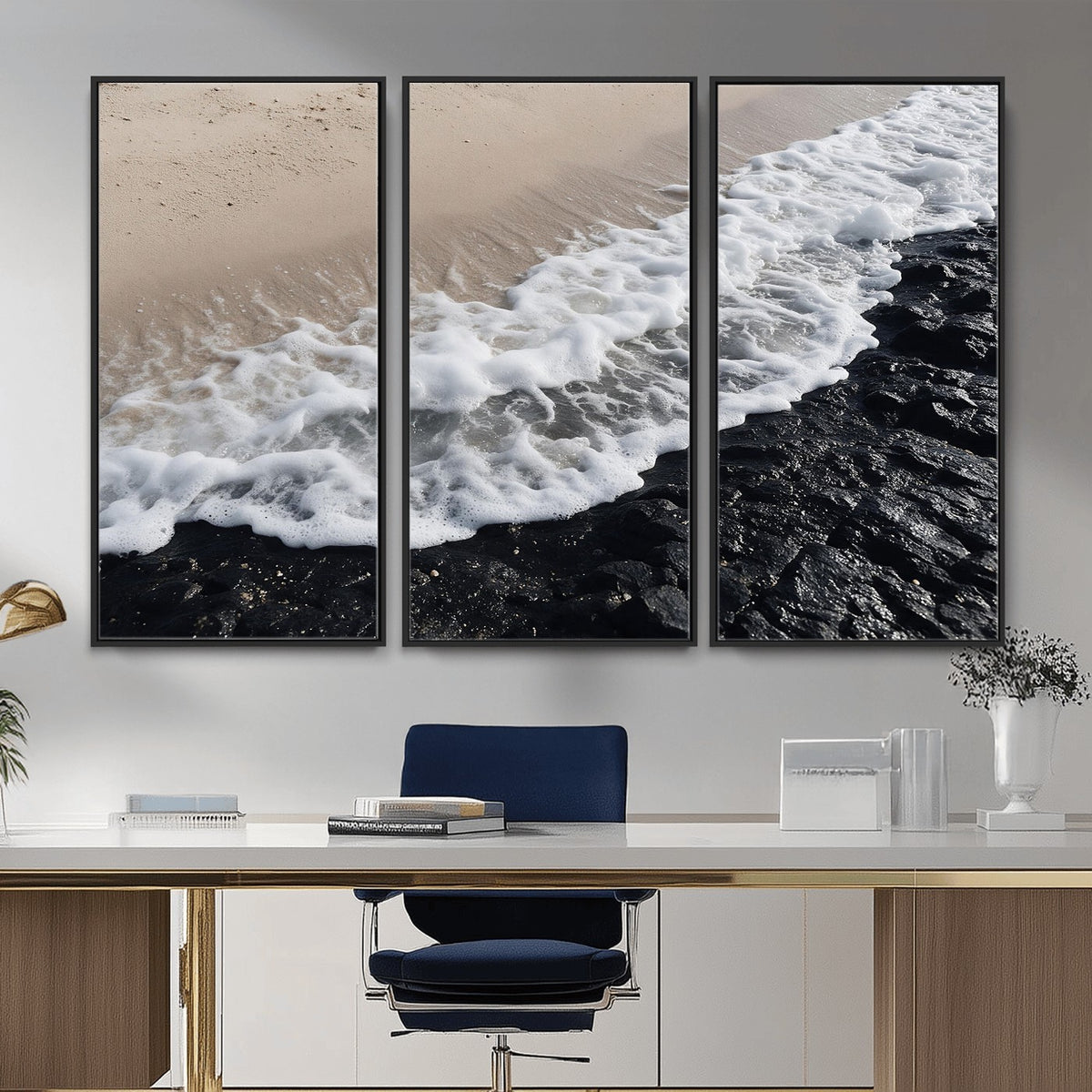 27448606-MGV-CV-24X16 - Ocean Wave Foam on Black Lava Rock Beach Canvas Wall Art Print