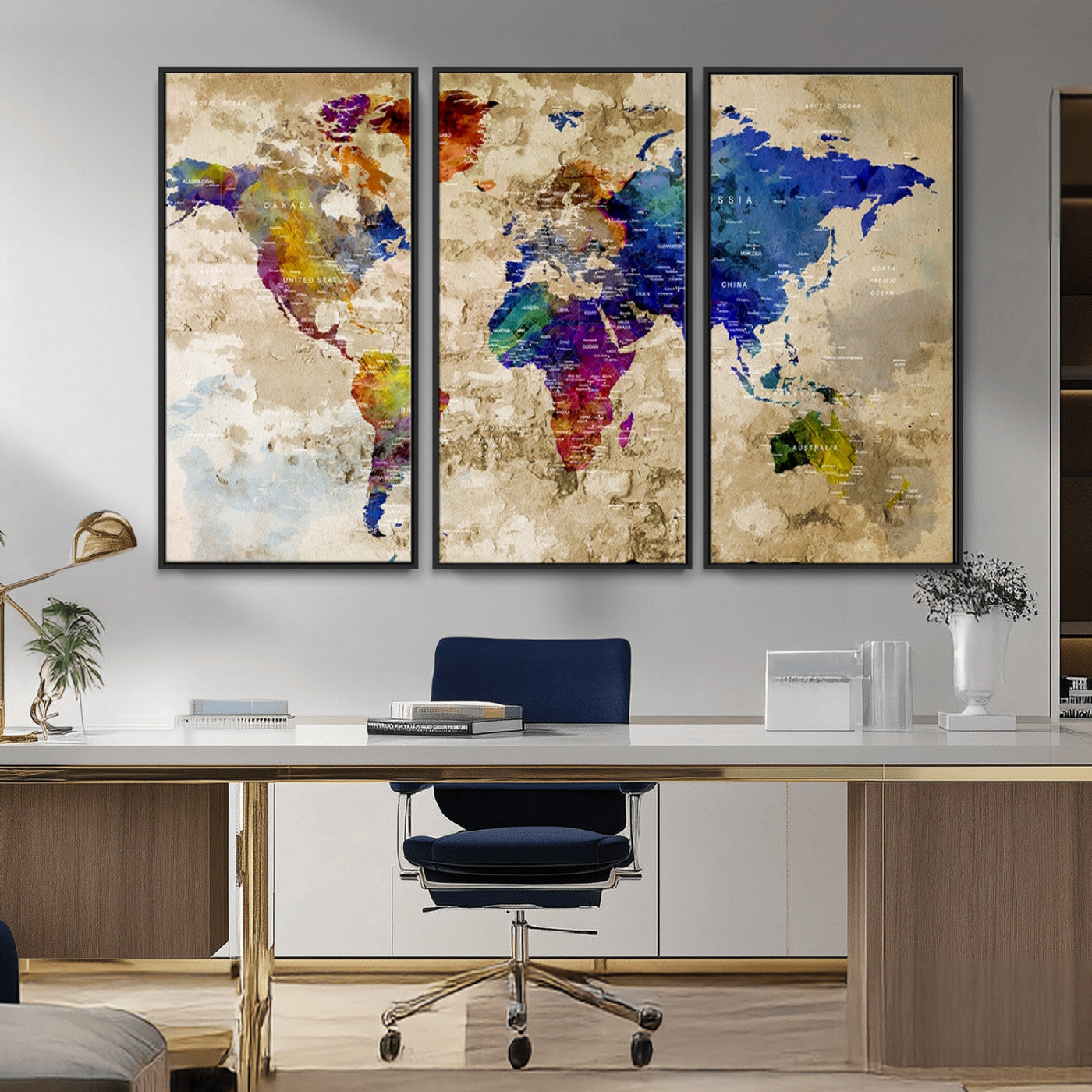 MGV-FC-48X32-3P - World Map Wall Art Canvas Print for Home and Office Decor