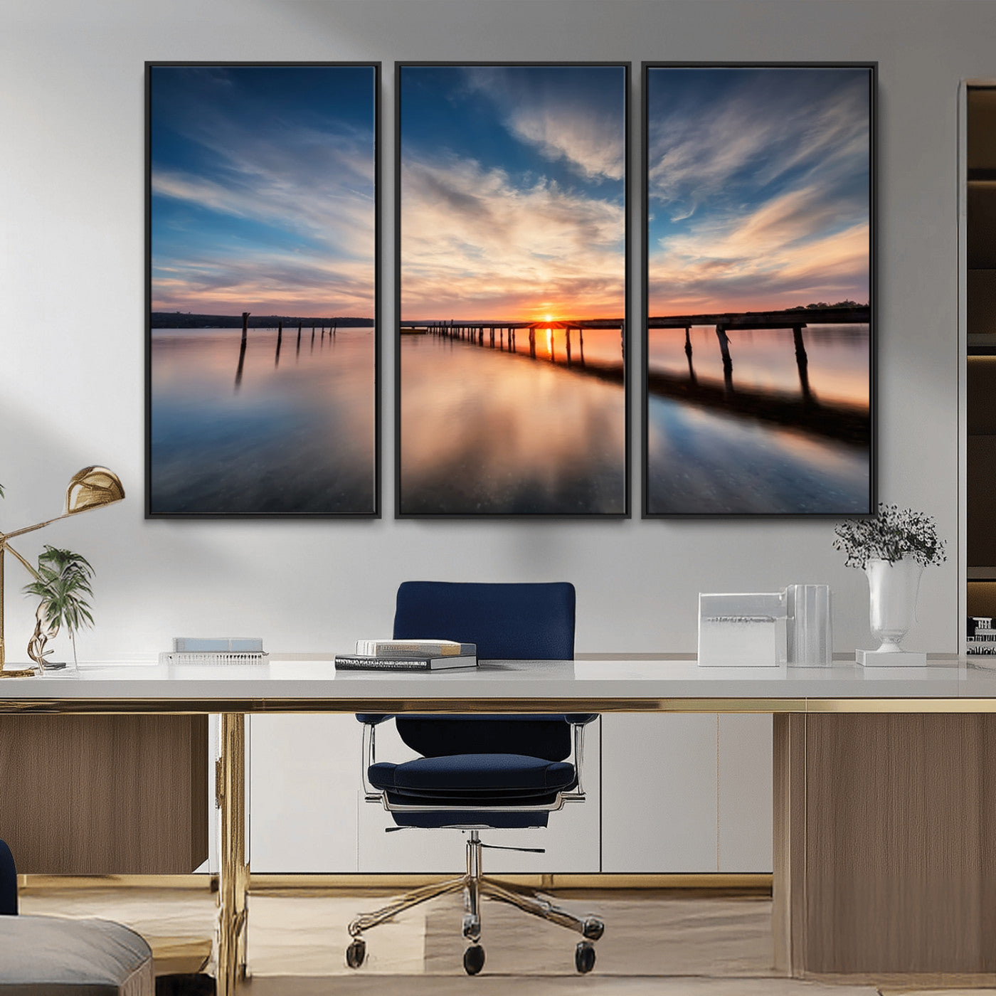 MGV-FC-48X32-3P - Wooden Pier on Seascape and Sunset Wall Art Canvas Print