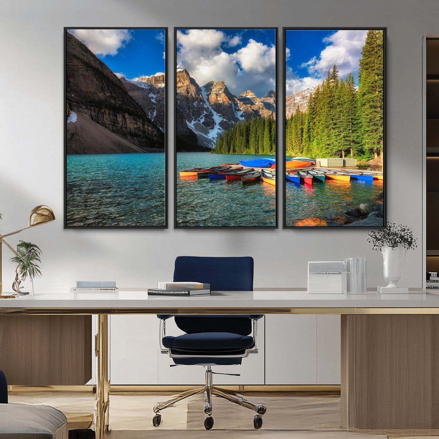 MGV-FC-48X32-3P - Moraine Lake 3-Panel Wall Art, Majestic Mountain and Lake Landscape Canvas Print Canoes on Moraine
