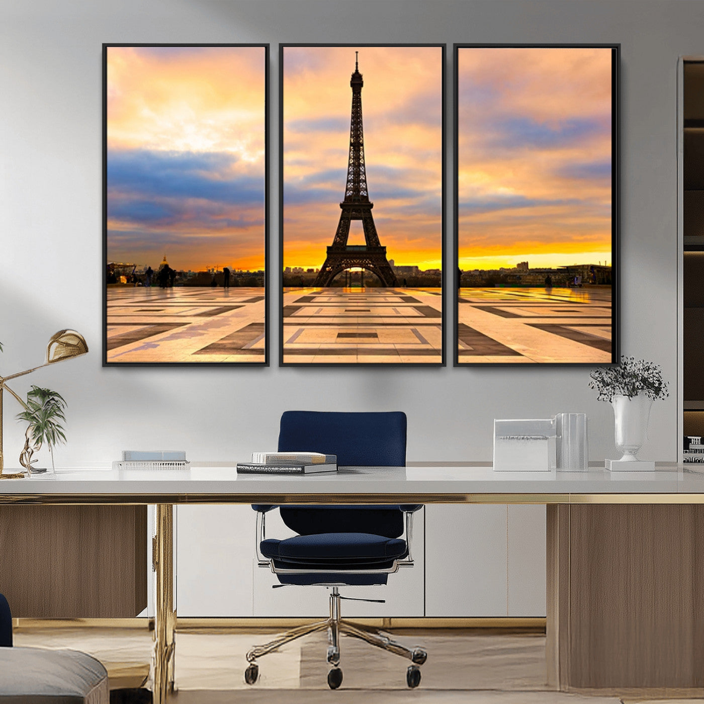 MGV-FC-48X32-3P - Paris Eiffel Tower Sunset Canvas Wall Art Print - Iconic Landmark Decor with Vibrant Colors