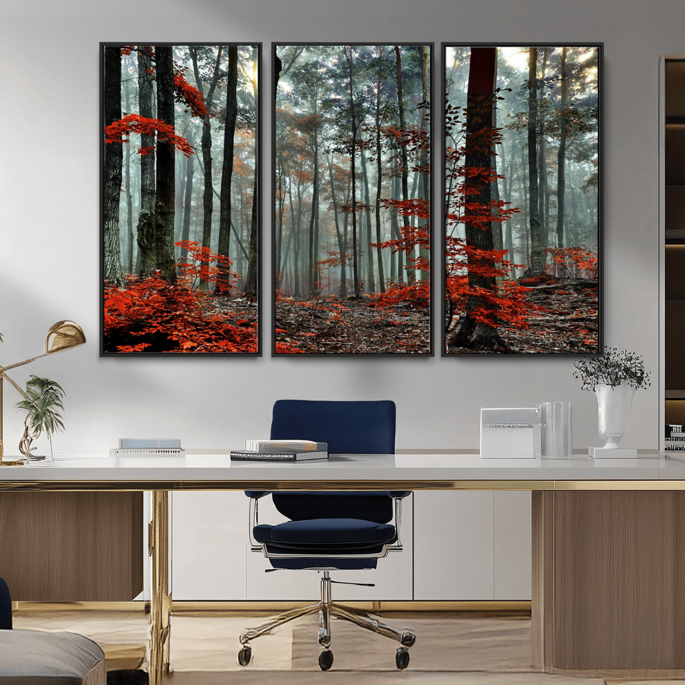MGV-FC-48X32-3P - Autumn Forest Canvas Wall Art – Enchanting Red Leaves Triptych Print – Nature-Inspired Decor for