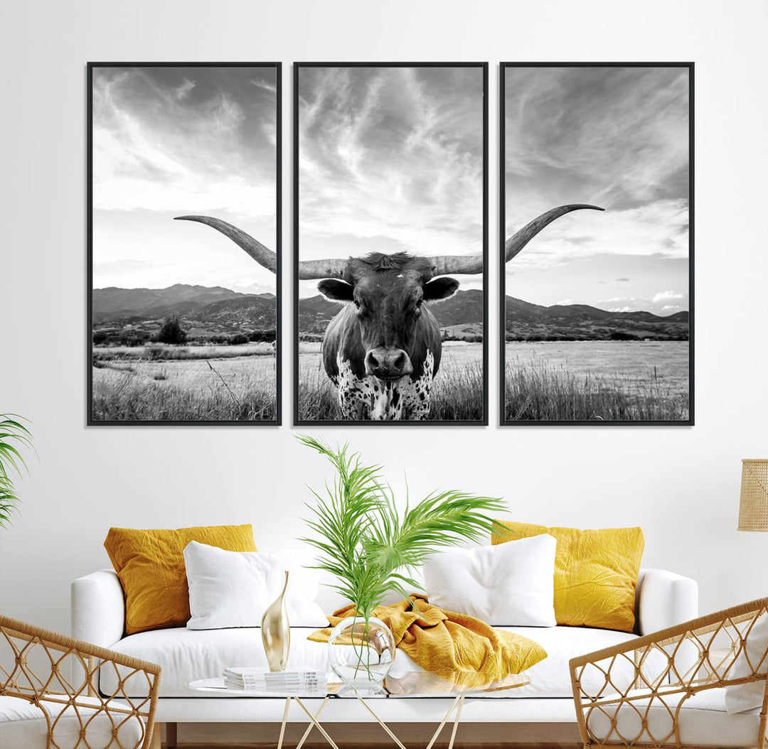 Modern living room featuring Longhorn Cow Wall Art Canvas Print.