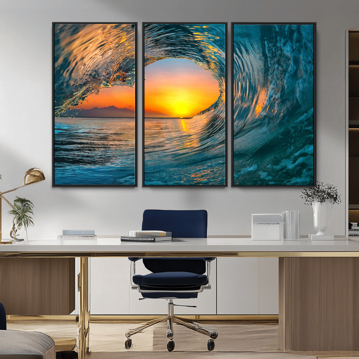 MGV-FC-48X32-3P - Ocean Wave Sunset Wall Art | Large Coastal Wave Canvas Print | 3-Panel Ocean Sunset Seascape for